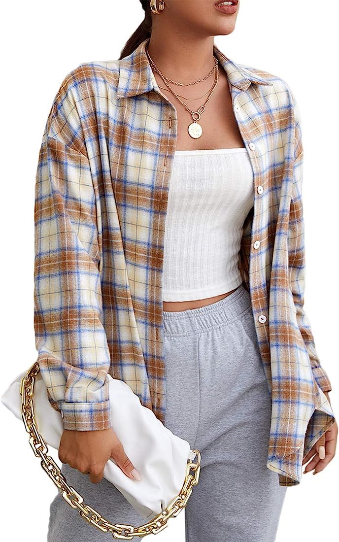 MakeMeChic Women's Plaid Shirts Oversized Flannels Shacket Jacket | Amazon (US)