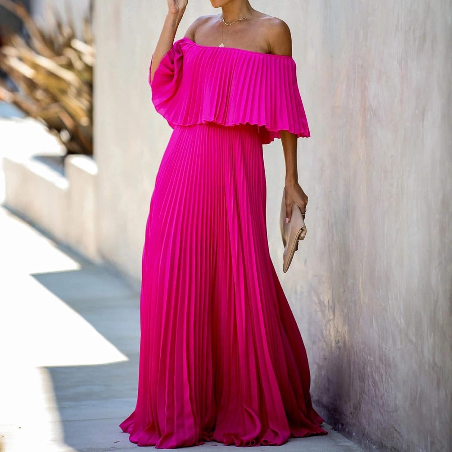 SGASY Sexy Off Shoulder Pleated Maxi Dress for Women Boho Sleeveless Ruffle Fashion 2022 Holiday ... | Amazon (US)
