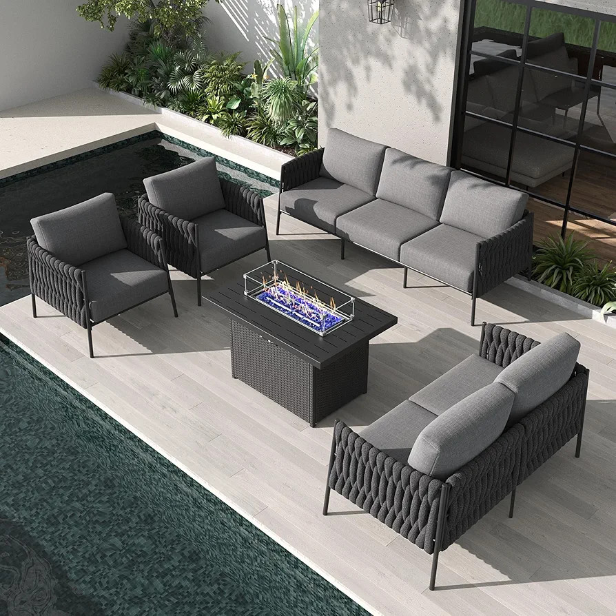 LayinSun 5 Piece Outdoor Furniture Set with Fire Pit Table, Modern Rope Woven Patio Conversation ... | Amazon (US)