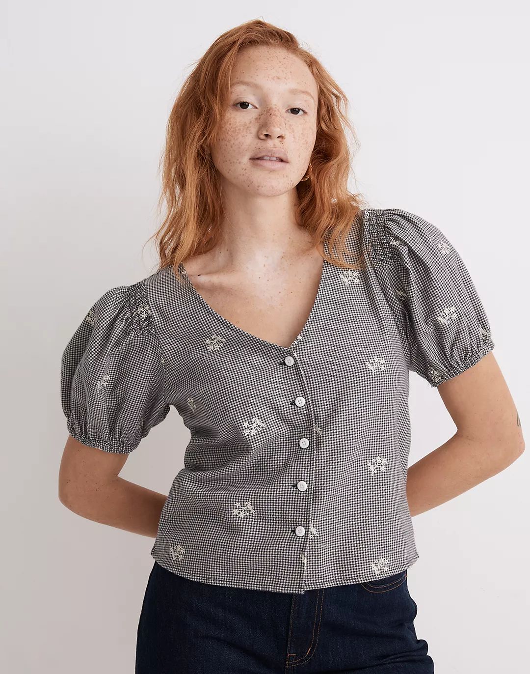 Embroidered Flannel Bubble-Sleeve Crop Shirt | Madewell