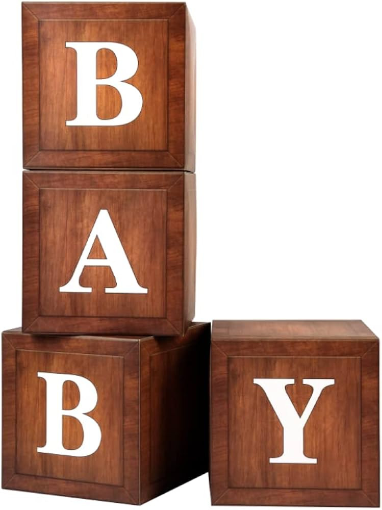 Wood Baby Shower Boxes for Birthday Party Decorations - 4 Wood Grain Brown Blocks with Printed BA... | Amazon (US)