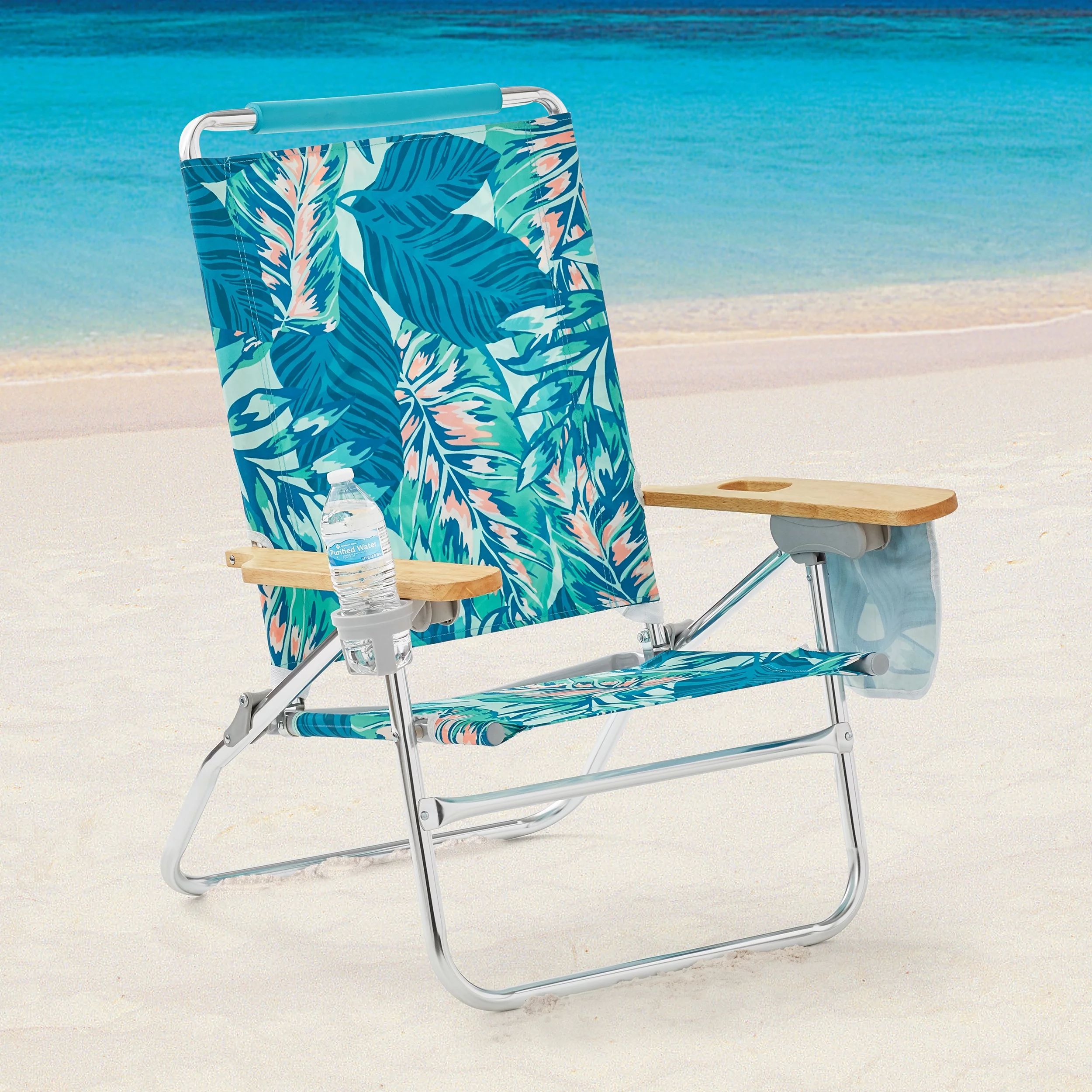 Mainstays Wood Arm Reclining Comfort Height Beach Chair, Green Palm - Walmart.com | Walmart (US)