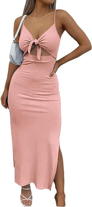 LYANER Women's Tie Knot Cut Out Side Split Hem Sleeveless Knit Bodycon Maxi Dress | Amazon (US)