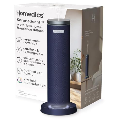 Homedics SereneScent Waterless Essential Oil Diffuser, Cordless Rechargeable Aromatherapy Diffuser for Home, Large Room Scent Machine, Timer, App Control, 6 LED Lights, No Water Needed, Future Dusk | Amazon (US)