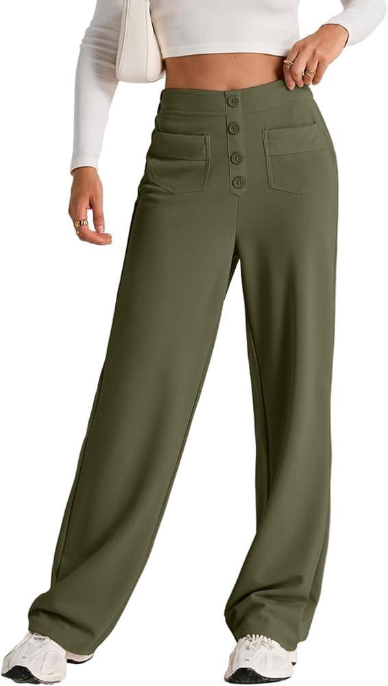 EVALESS Womens High Waist Button Stretchy Work Pants Straight Leg Office Dress Pant Business Casu... | Amazon (US)