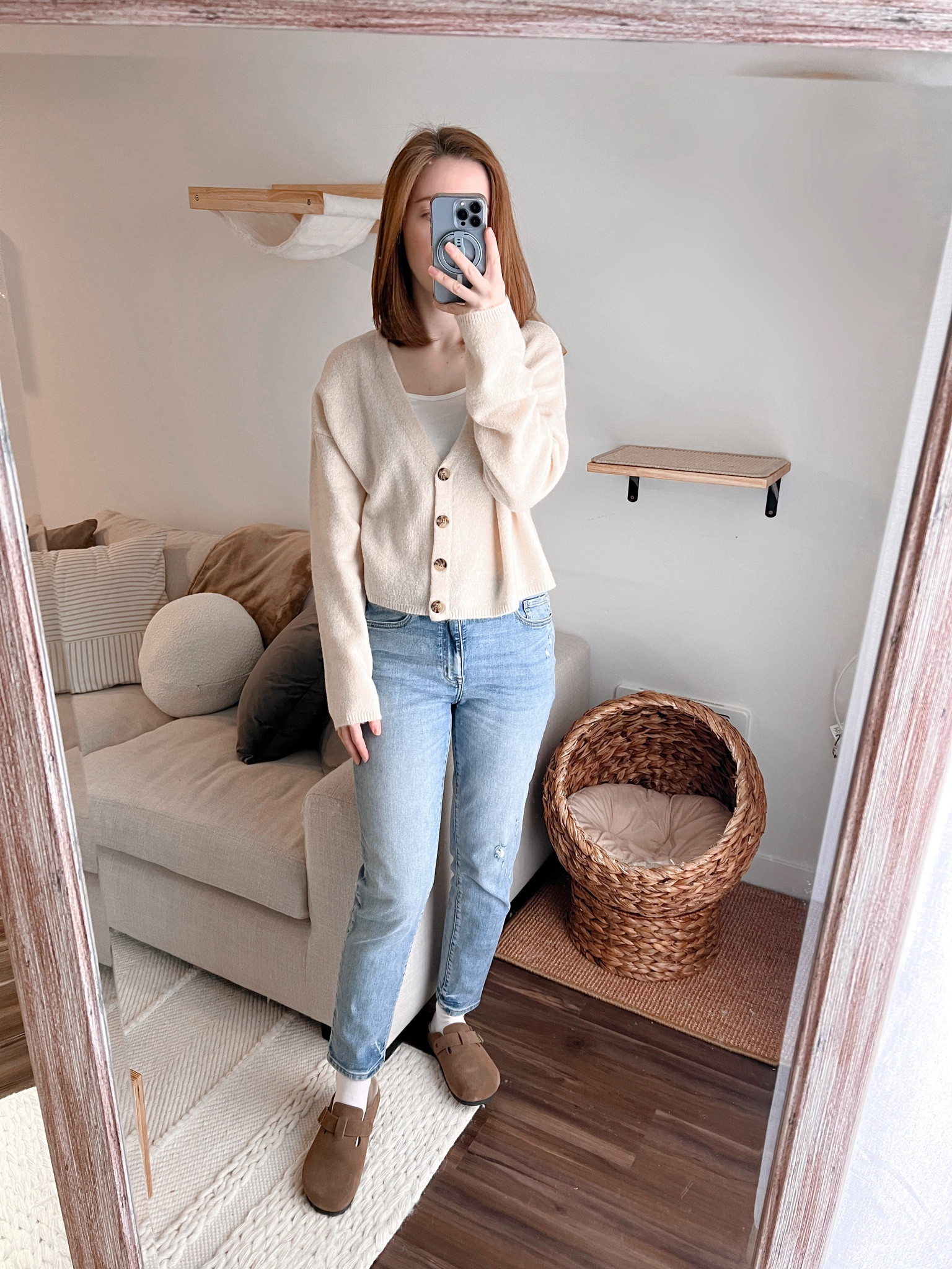 Casual OOTD with a cozy beige button-up cardigan and comfy clog slippers from Quince 🤎 
Interior design: amazon finds, modern cat furniture, neutral style, beige aesthetic, hygge home, Japandi, minimal Scandinavian

#LTKshoecrush #LTKU #LTKhome