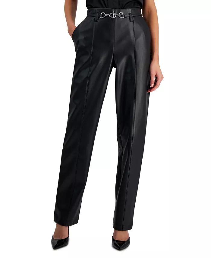 I.N.C. International Concepts Women's High-Rise Belted Faux-Leather Pants, Created for Macy's - M... | Macy's