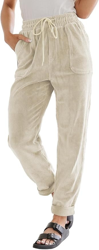 EVALESS Corduroy Pants for Women Casual Drawstring Elastic High Waist Straight Leg Pants Loose Co... | Amazon (US)