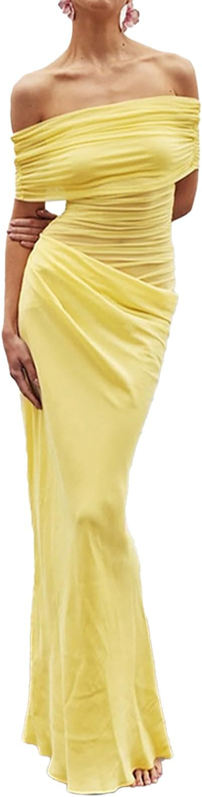 Women Off Shoulder Maxi Dress Sheer Mesh Ruched Long Dress Sexy Y2k Dresses Beach Clubwear | Amazon (US)
