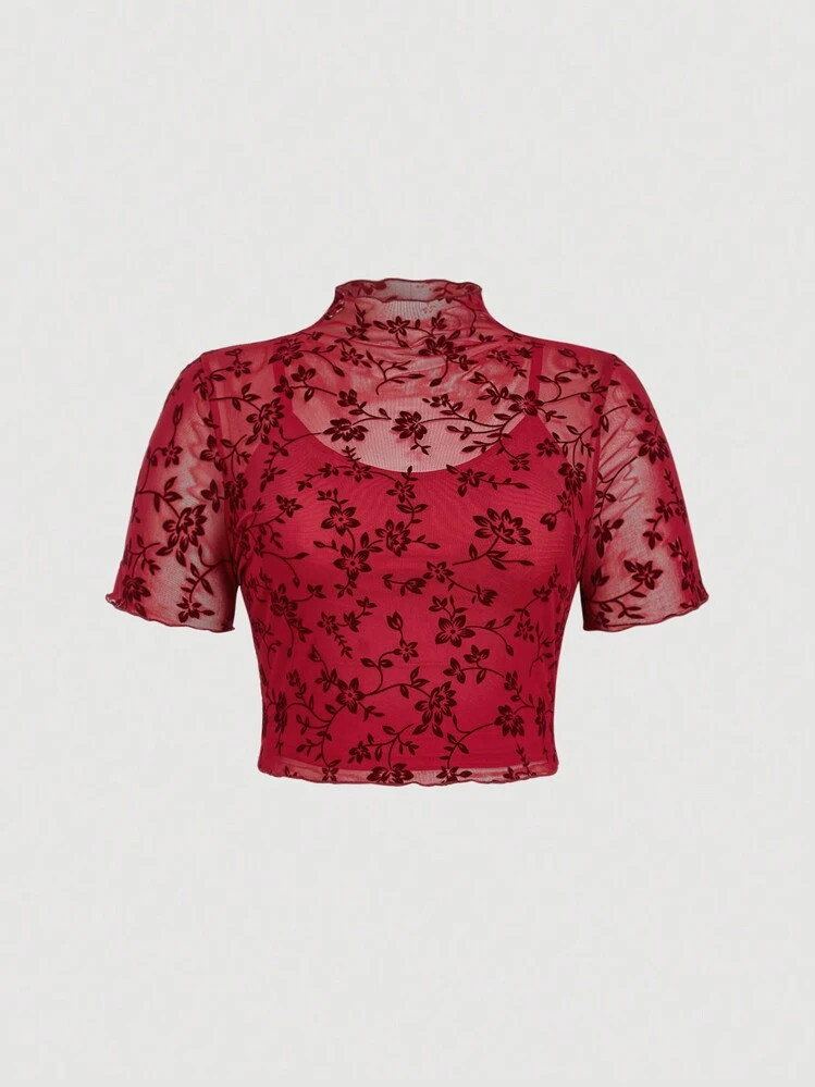 SHEIN MOD Plus Size Women Floral Flocked Mesh Stand Collar Short Sleeve Fashionable T-Shirt | SHEIN
