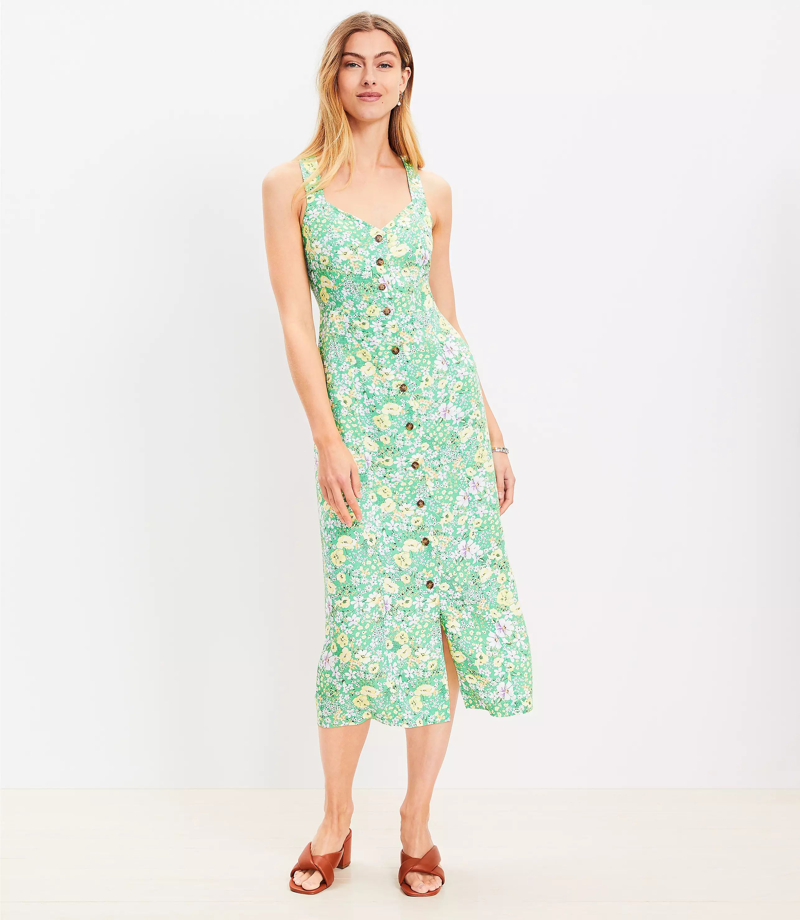 Floral Crossover Back Button Midi Dress | LOFT
