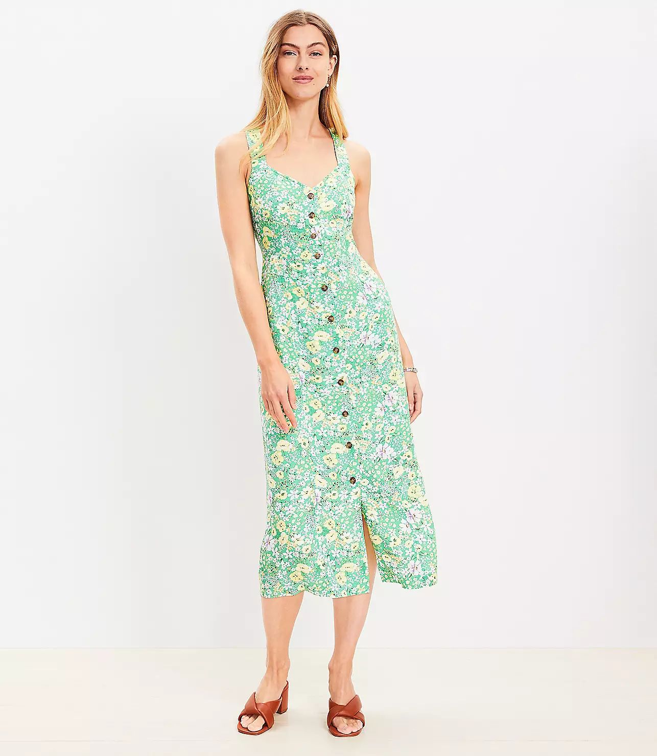 Floral Crossover Back Button Midi Dress | LOFT