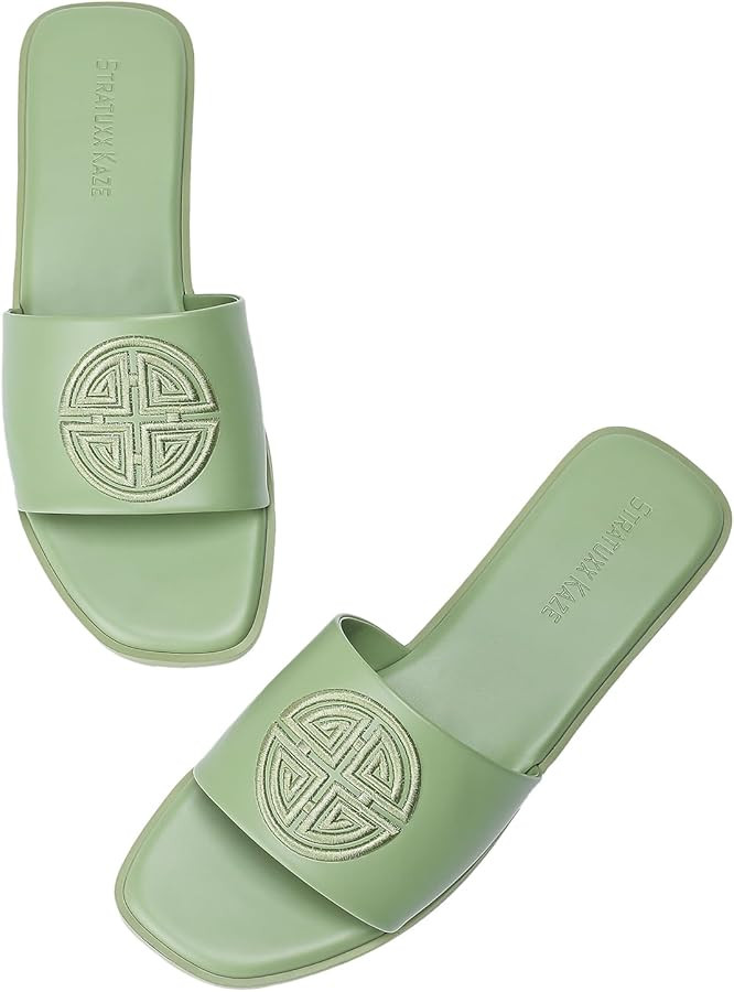Stratuxx Kaze Womens Flat Sandals Dressy Summer Slide Dress Sandals Comfortable Cute Leather Blac... | Amazon (US)