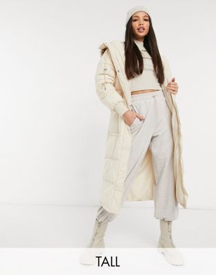 Urbancode Tall longline padded puffer coat in cream | ASOS (Global)