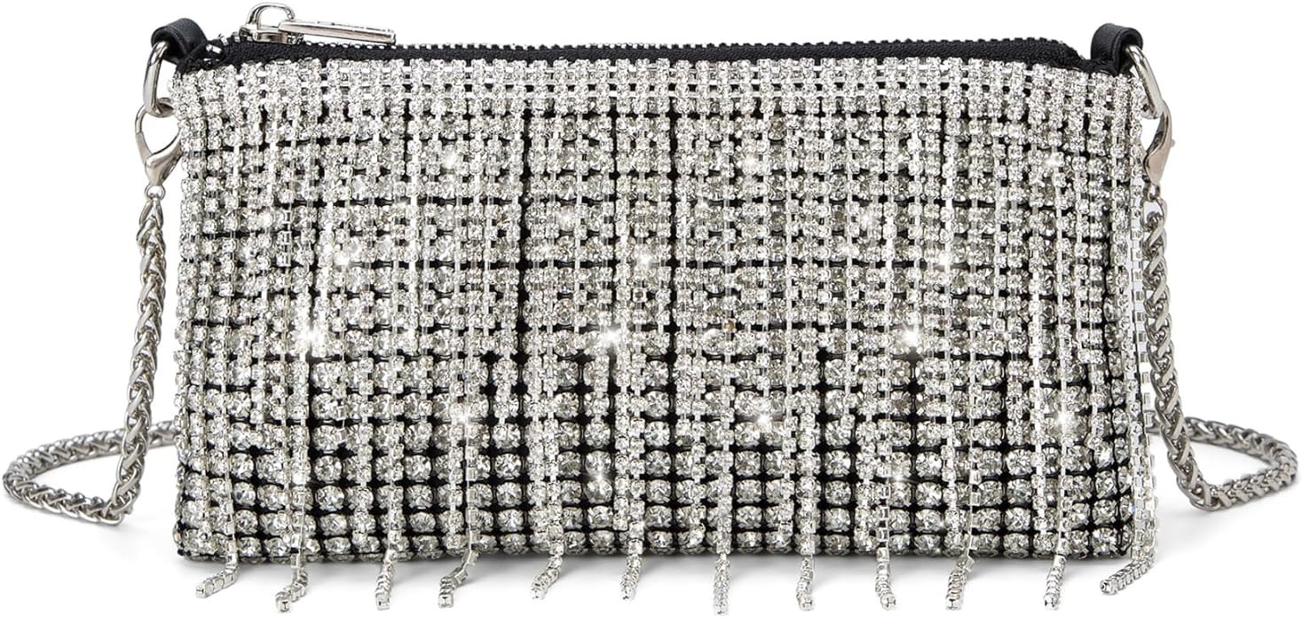 Women Sparkly Rhinestone Purse Tassel Crystal Diamond Crossbody Bag Silver Chain Clutch for Eveni... | Amazon (US)