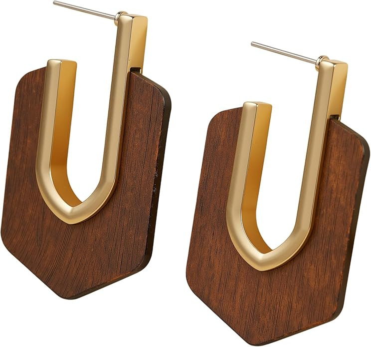 Geometric Gold and Wood Earrings for Women,Boho Retro Natural Wooden Round Disc African Dangle Dr... | Amazon (US)