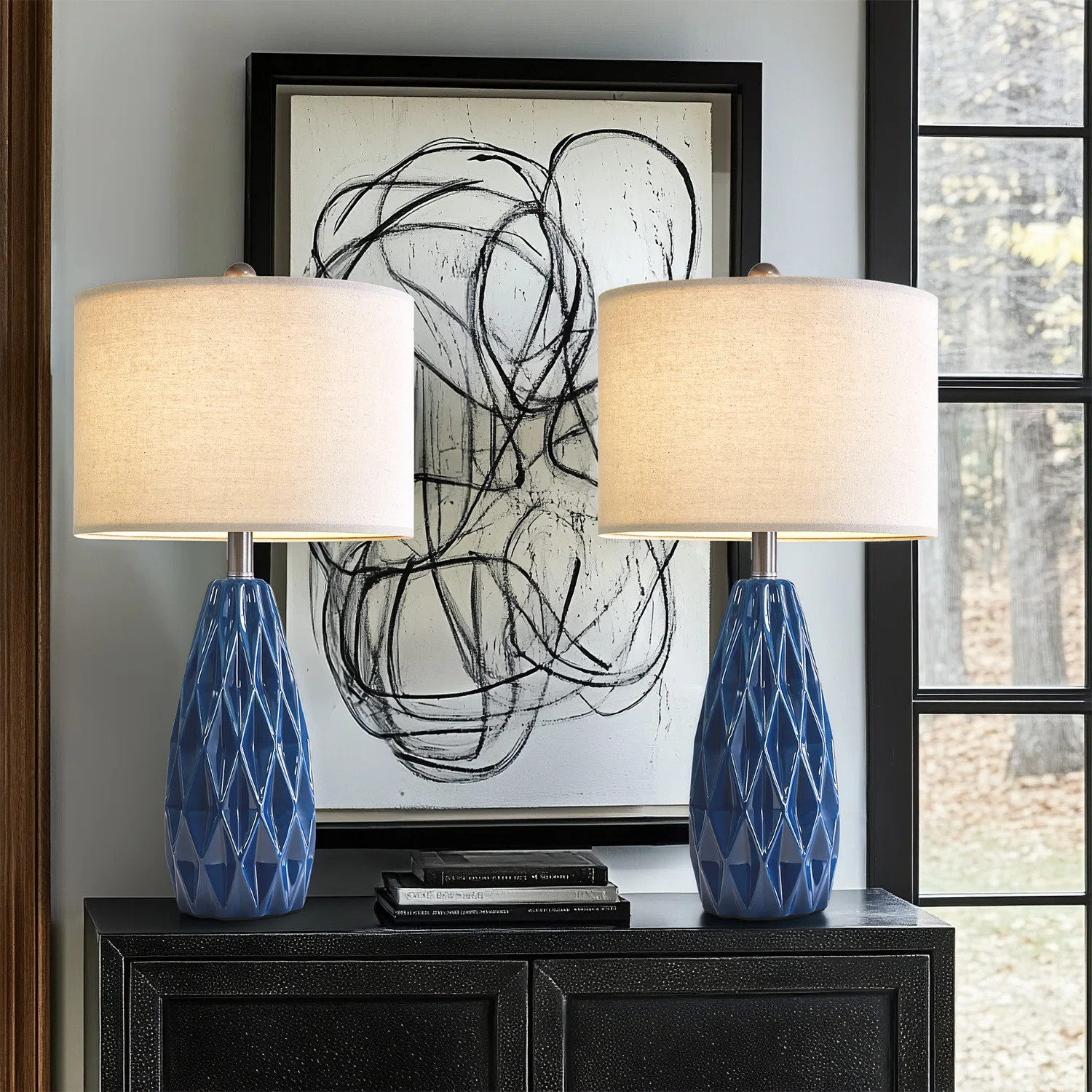 24.75" Modern Ceramic Table lamp, Blue Embossed Bedside Lamp Table Lamps for Living Room Bedroom | Wayfair North America