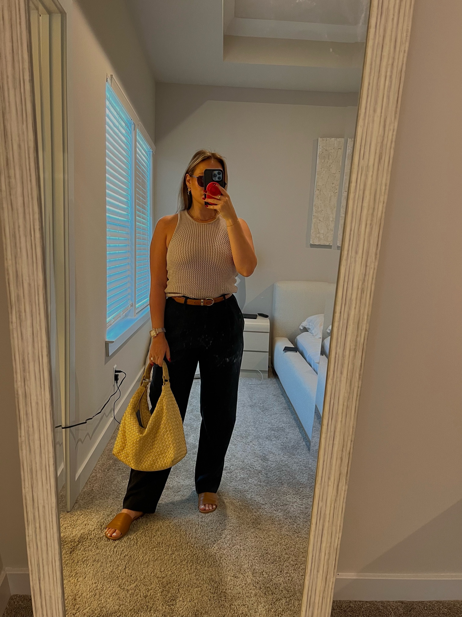 Casual work outfit, black trousers, knit tank, hobo bag, summer work outfit, 