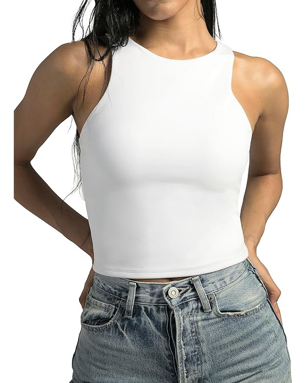 Colorfulkoala Women's High Neck Tank Tops Body Contour Sleeveless Crop Double Lined Yoga Shirts | Amazon (US)