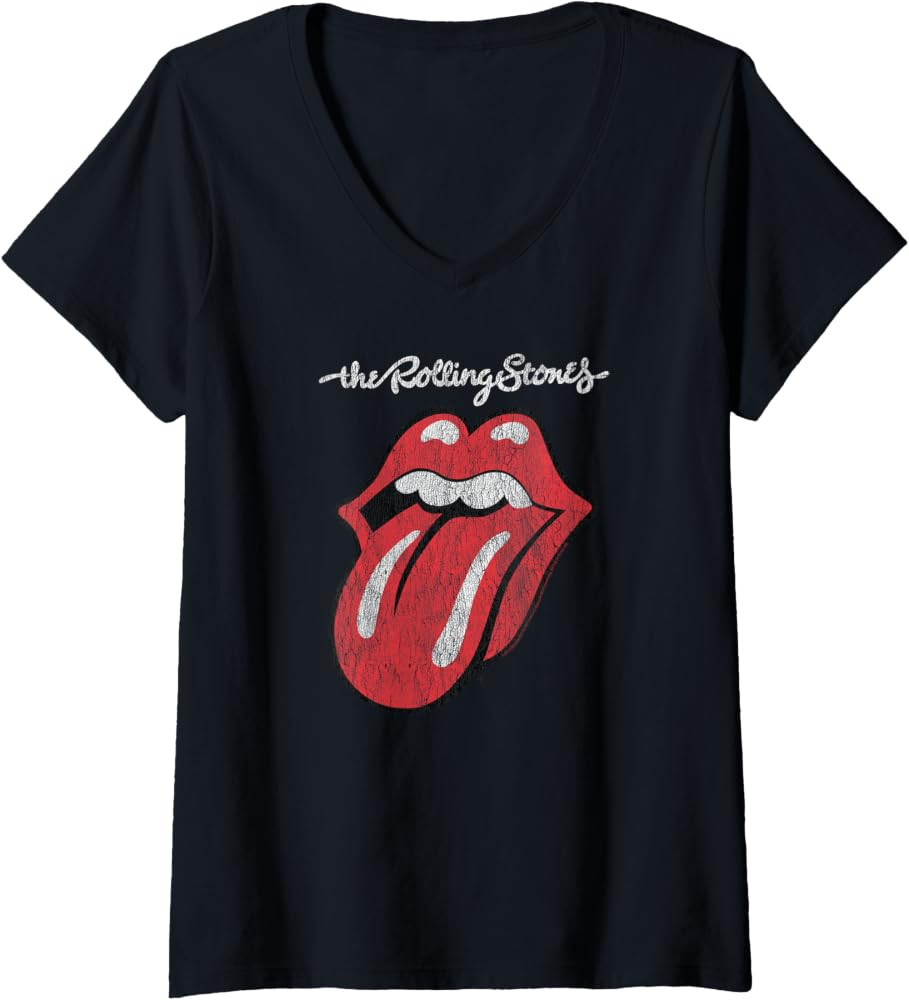 Womens Rolling Stones Official Script Tongue V-Neck T-Shirt | Amazon (US)