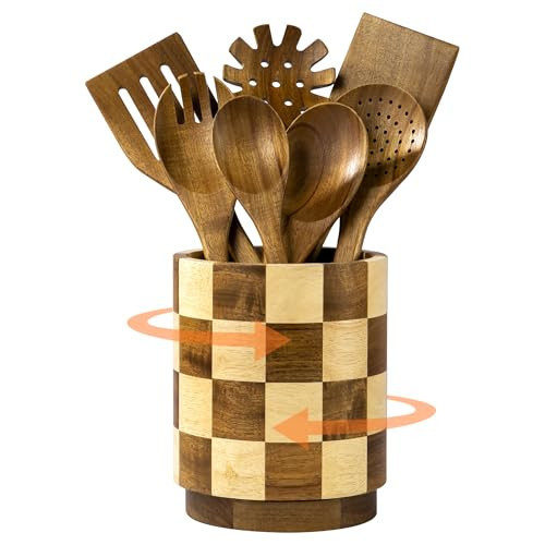 Fyctio Wooden Utensil Holder, 360° Rotating Acacia Wood Kitchen Utensil Holder for Countertop, 7.2" Non-Slip Large Utensil Holder for Kitchen, Farmhouse Countertop Decor, Spatula Holders, Checkered | Amazon (US)