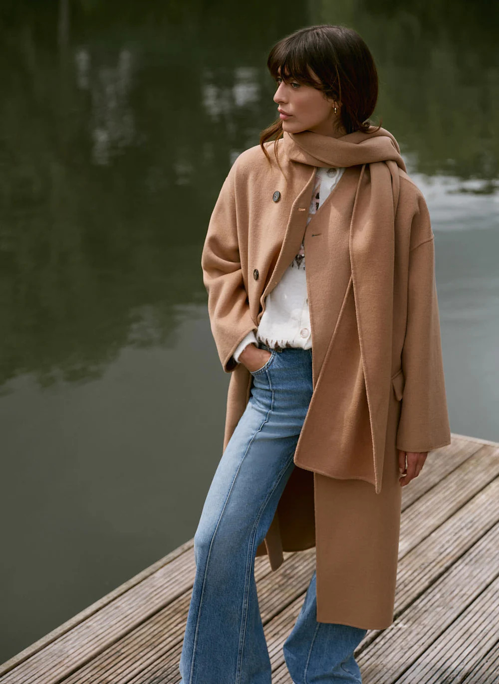 Tan Wool Blend Hand Finished Scarf Coat | Mint Velvet