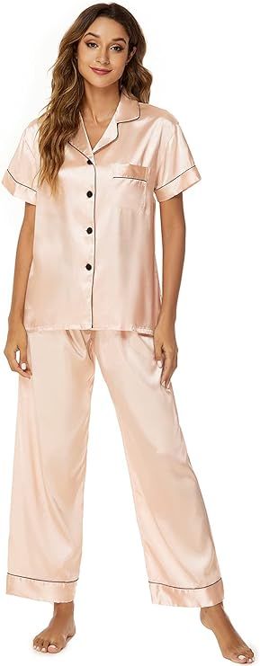 ANNA&CHRIS Womens Satin Pajamas Set Short Sleeve Silk Pajamas Two Piece Button Down Sleepwear Lou... | Amazon (US)
