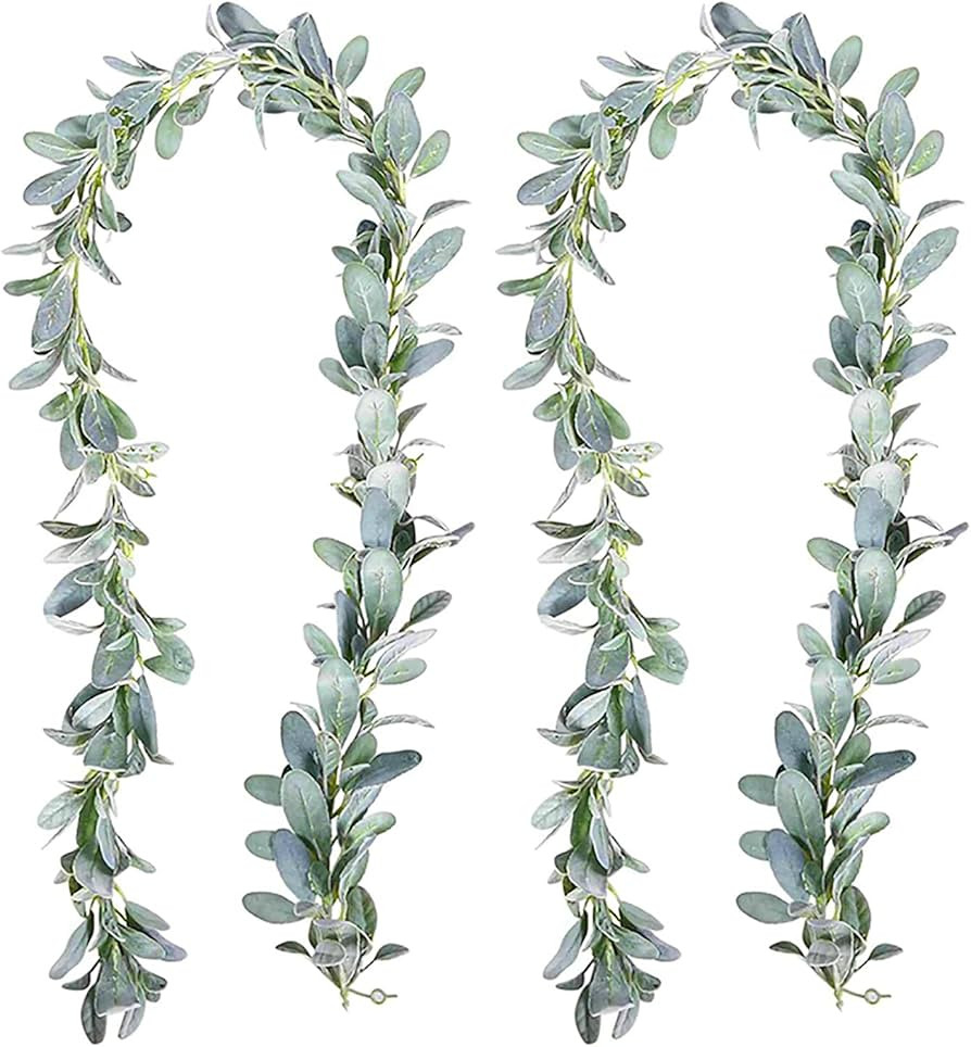 2 Pack Artificial Lambs Ear Greenery Garland Flocked Green Leaves Vines Garland Faux Lambs Ear Vi... | Amazon (US)