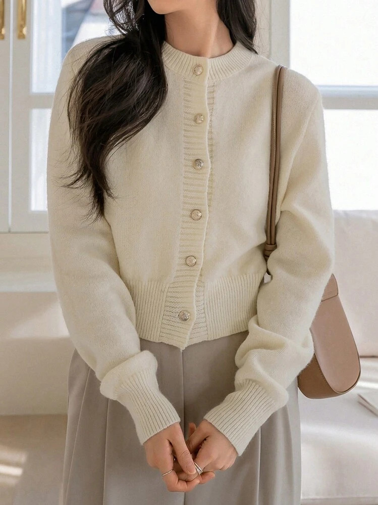 Dazy-Less Solid Button Front Cardigan,Ladies Spring/Fall Casual Button Regular Sleeve Round Neck Regular Fit Beige Plain Women Cardigans,Casual Daily Wear Old Money Business Casual Woman Work Clothes Jacket | SHEIN