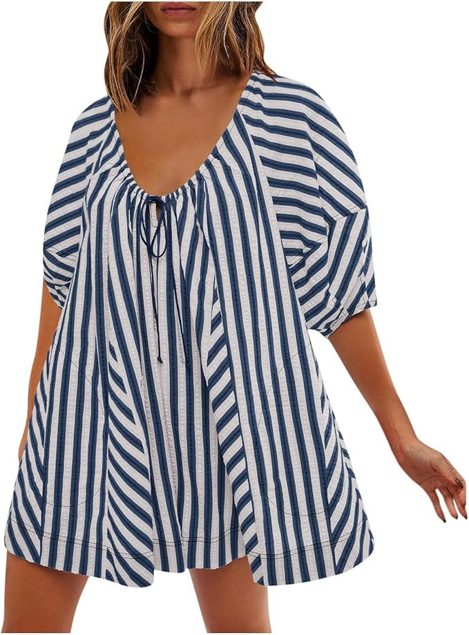 Summer Tshirt Romper for Women Casual Striped Romper Puff Short Sleeve Wide Leg Oversized Romper ... | Amazon (US)