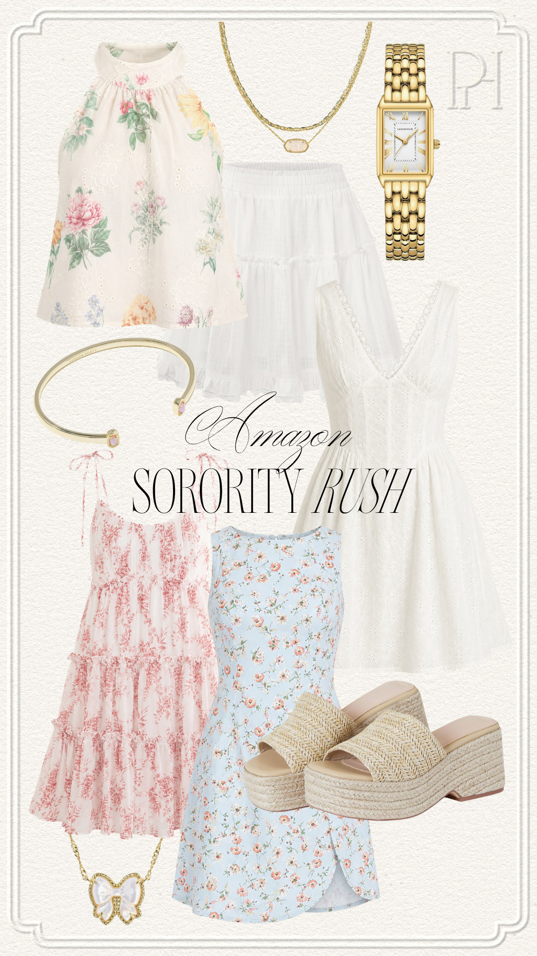 The cutest Amazon finds for sorority rush this fall!

floral dress, mini dress, pink dress, blue dress, white dress, floral top, white skirt, gold watch, bow necklace, gold necklace, bangle bracelet, platform sandals, raffia sandals, gold accessories 

 #LTKgrwm #LTKootd #LTKSeasonal