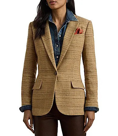 Lauren Ralph Lauren Linen Blend Herringbone Notch Lapel Long Sleeve Single-Button Blazer - 12 | Dillard's