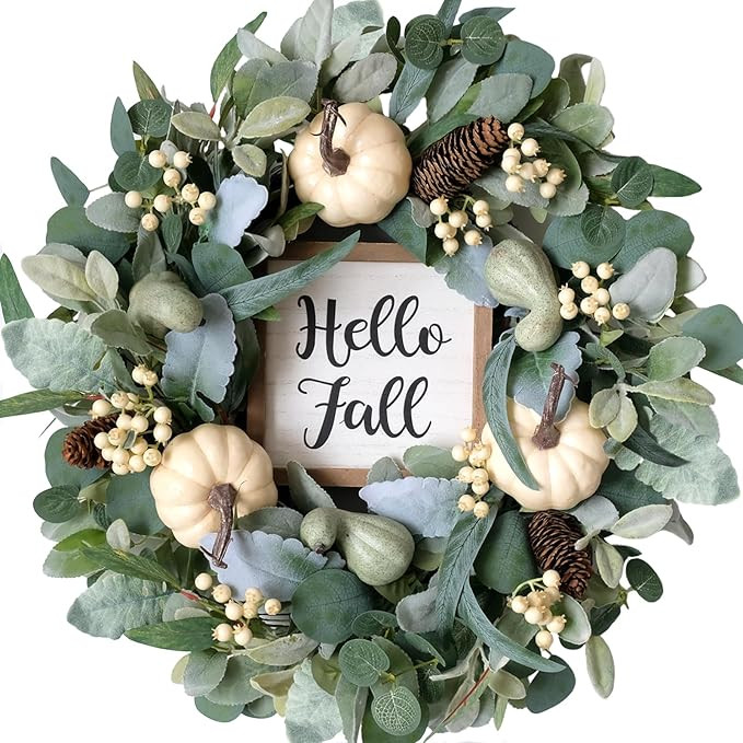 20inch Fall Wreath Pumpkin Wreath Harvest Wreath Green Leaf Wreath Hello Fall Sign Wreath Front D... | Amazon (US)