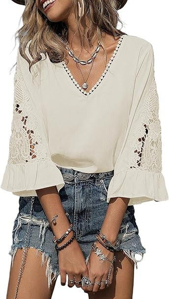 SHEWIN Womens Blouses V Neck T Shirts Pullover 3/4 Length Sleeve Tops Business Casual Spring Outf... | Amazon (US)