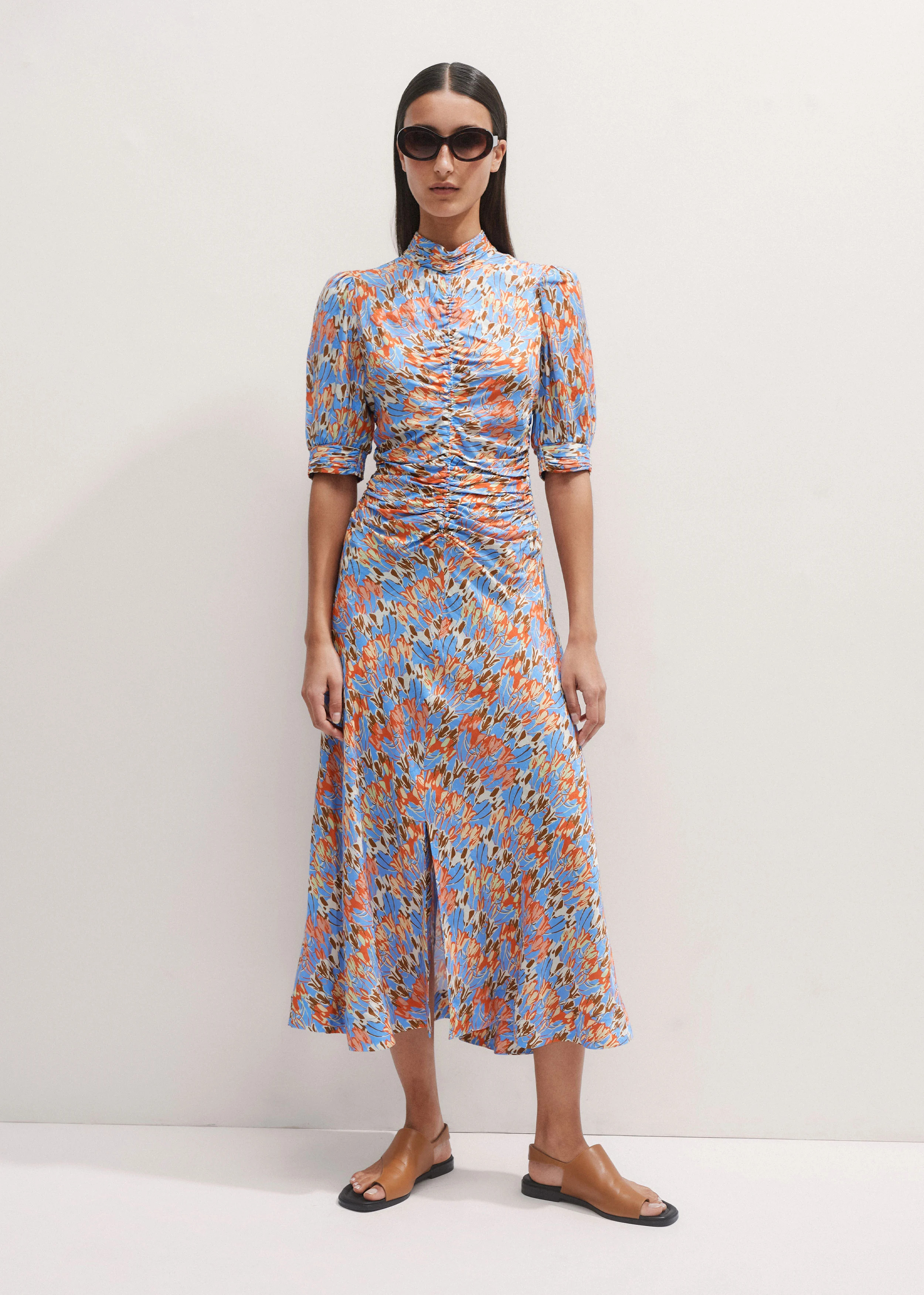 Women's Orange Tulip Print Ruched Detail Midi Dress | ME+EM | ME+EM US