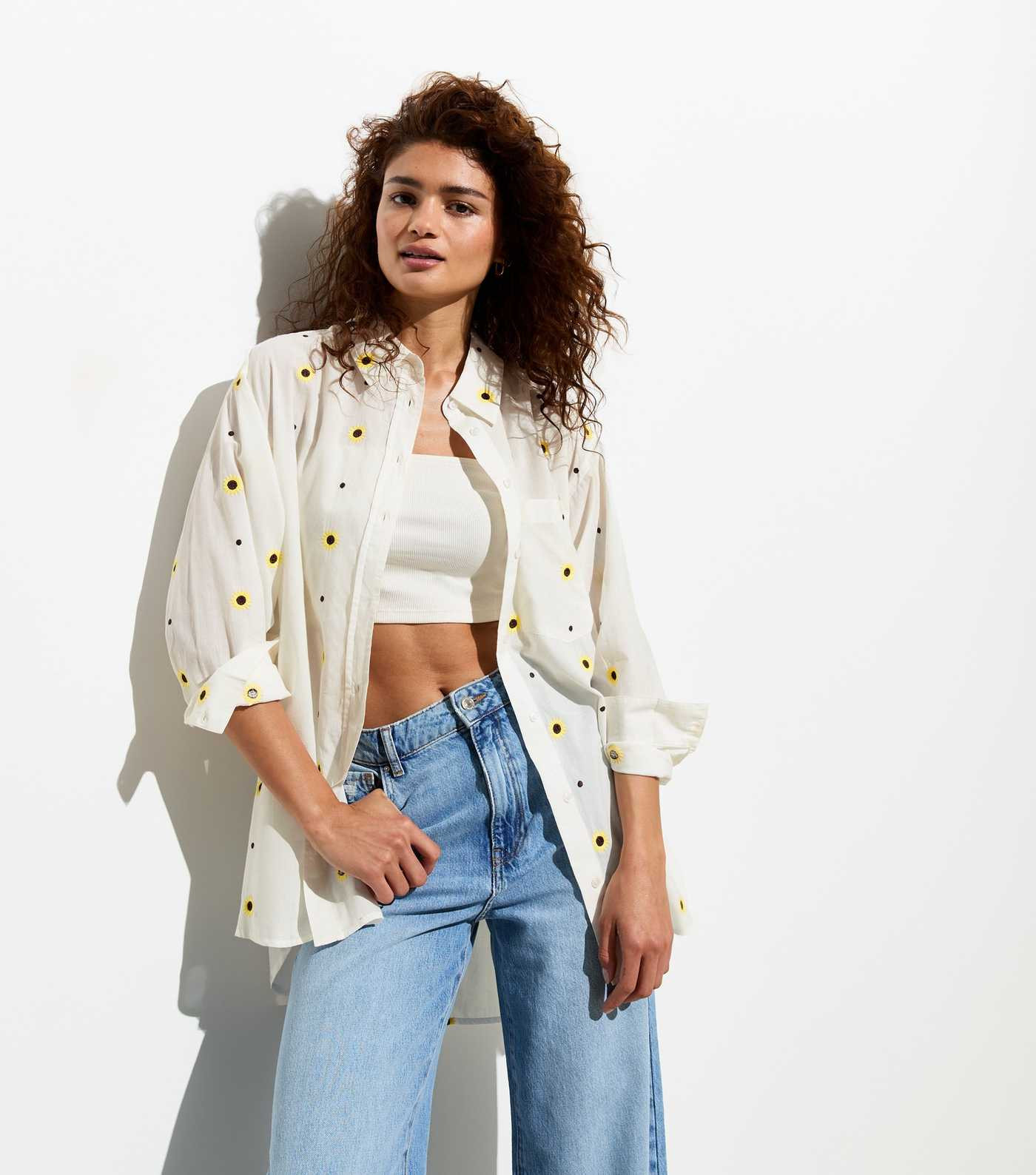 White Cotton Sunflower Embroidered Long Sleeve Shirt | New Look | New Look (UK)