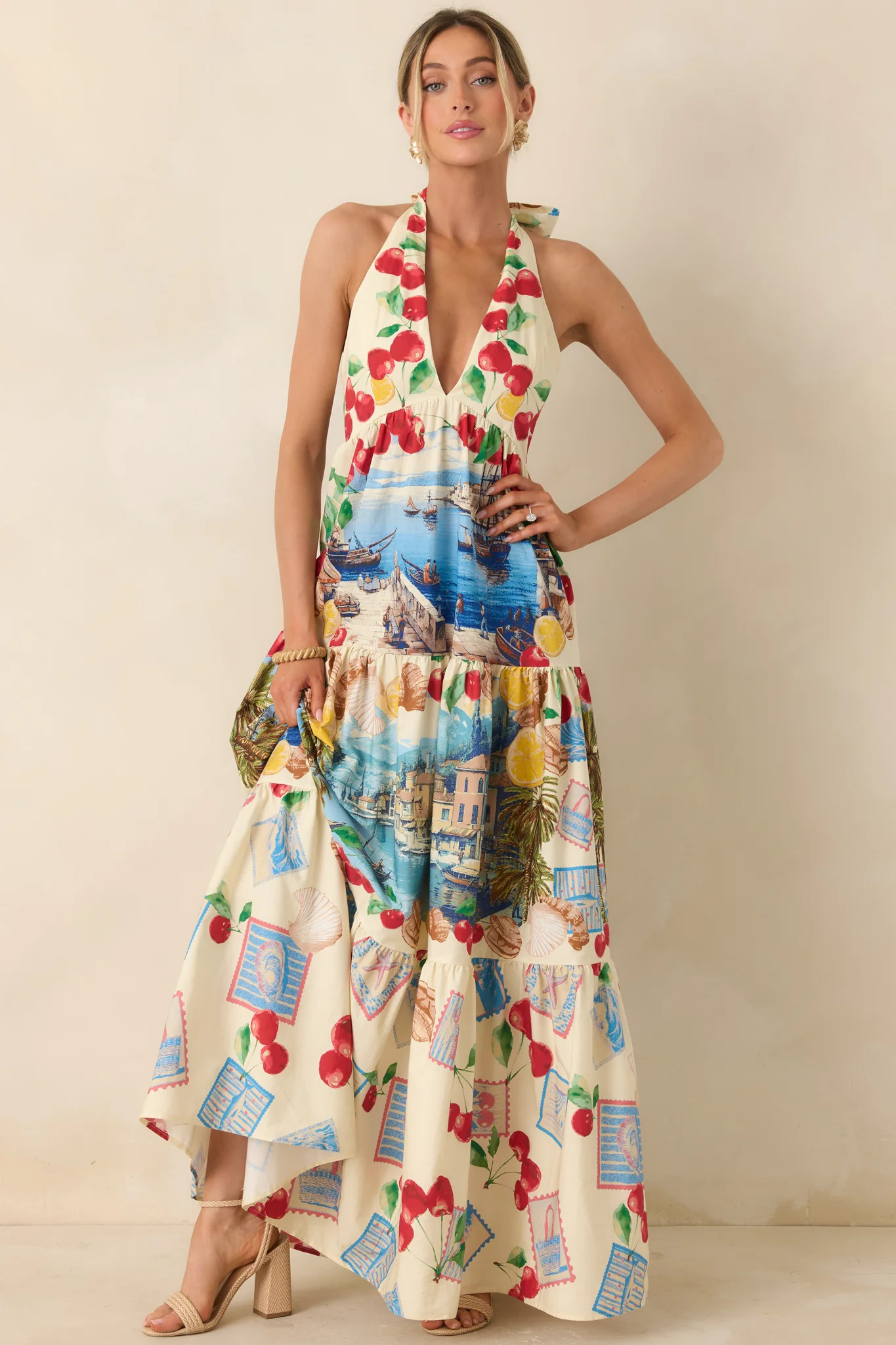 Market to Marina Ivory Multi Coastal Print Cotton Halter Maxi Dress | Red Dress