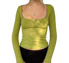 Women Y2k Square Neck T-Shirt Long Sleeve Lace Trim Crop Top Slim Fit Stretchy Blouse Top Aesthet... | Amazon (US)