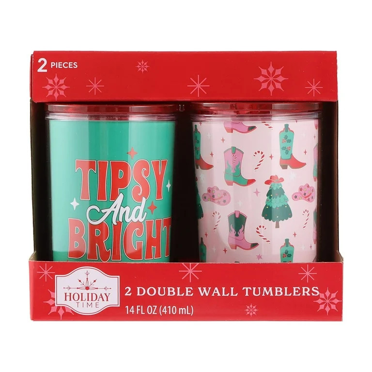 Plastic Double-Walled Christmas Tumblers with Lids, Green/Red/Pink, 14 fl oz, 2 Count, by Holiday... | Walmart (US)