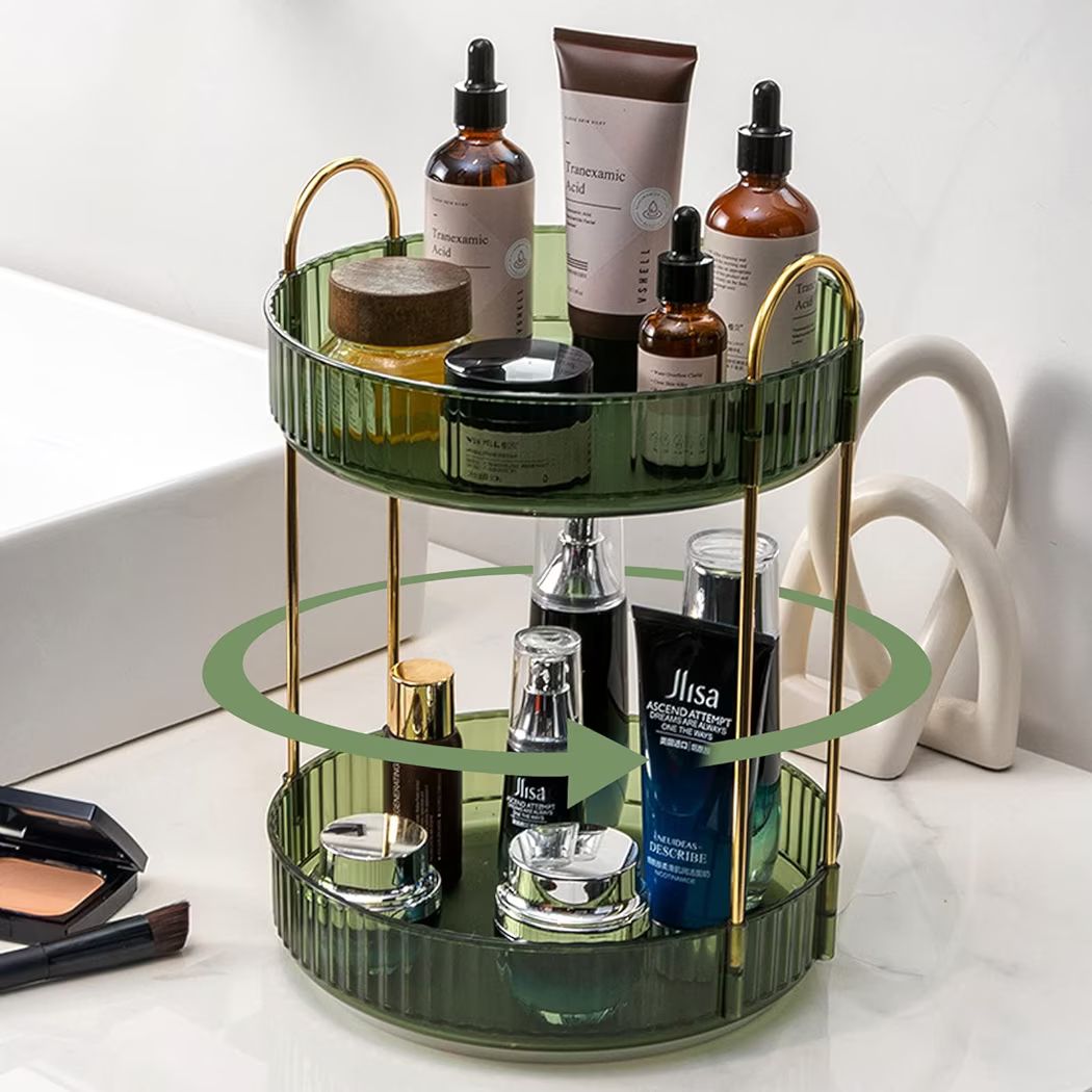 Rotating Makeup Organizer for Vanity 2 Tier, High-Capacity Skincare Clear Make Up Storage Perfume Organizers Cosmetic Dresser Organizer Countertop 360 Spinning （Green） | Amazon (US)