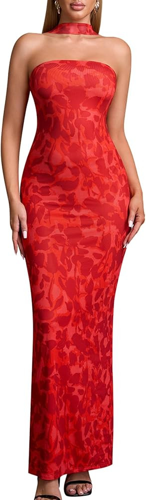 HTZMO Women Elegant Summer Bodycon Maxi Dress Halter Neck Formal Wedding Guest Cocktail Party Lon... | Amazon (US)