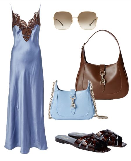 Blue & Brown Spring Summer Evening Look 

Maxi Blue Satin Slip Dress Brown Lace Details Gucci Saint Laurent YSL Sir the Label Jackie Handbag Sunglasses Flat Sandals Resort Wear 

#LTKsummer #LTKspring #LTKbag