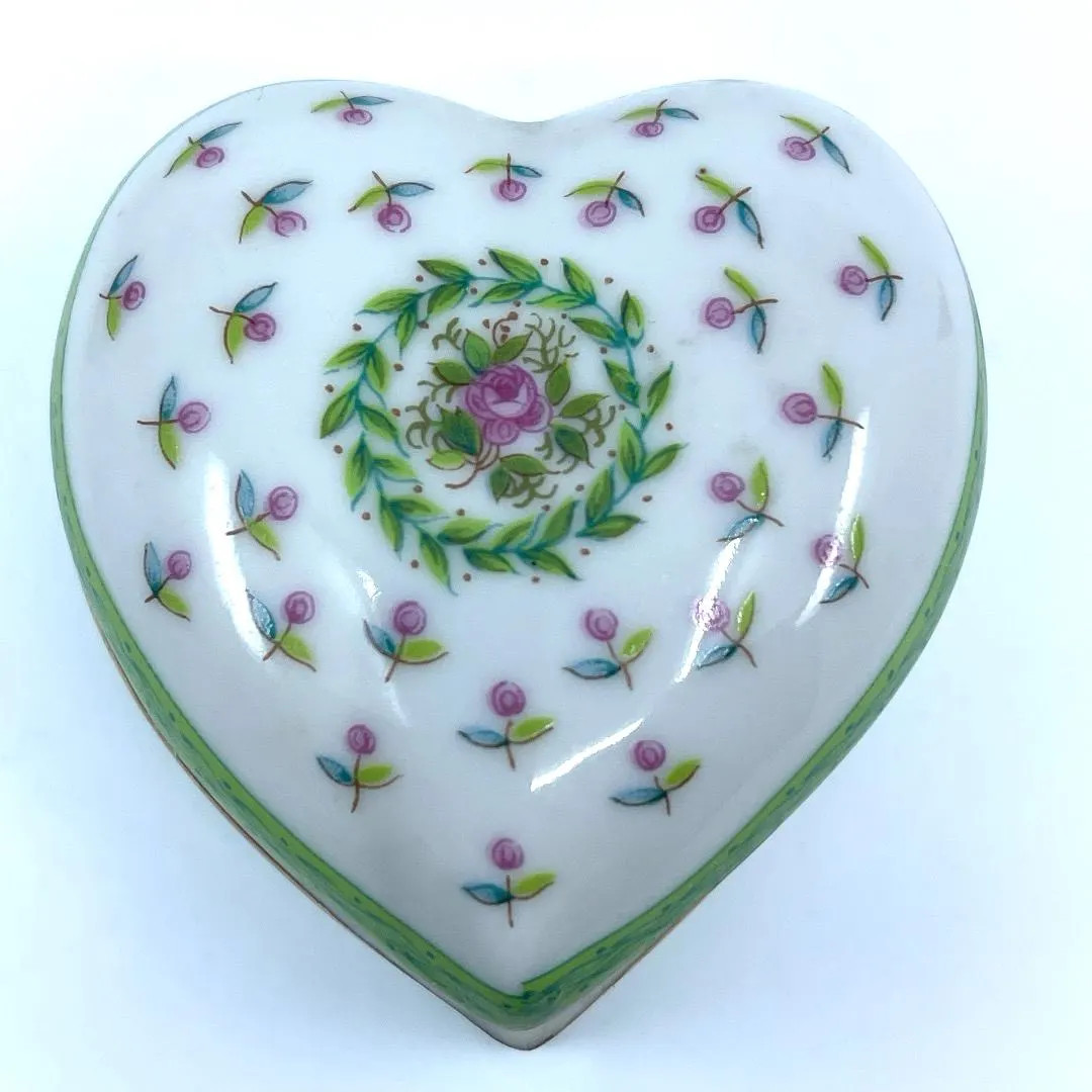 Vtg Lefton Japan Hand Painted Green Pink Gold Floral Heart Shaped Lidded Porcelain Dish,2006 Trin... | Etsy (US)