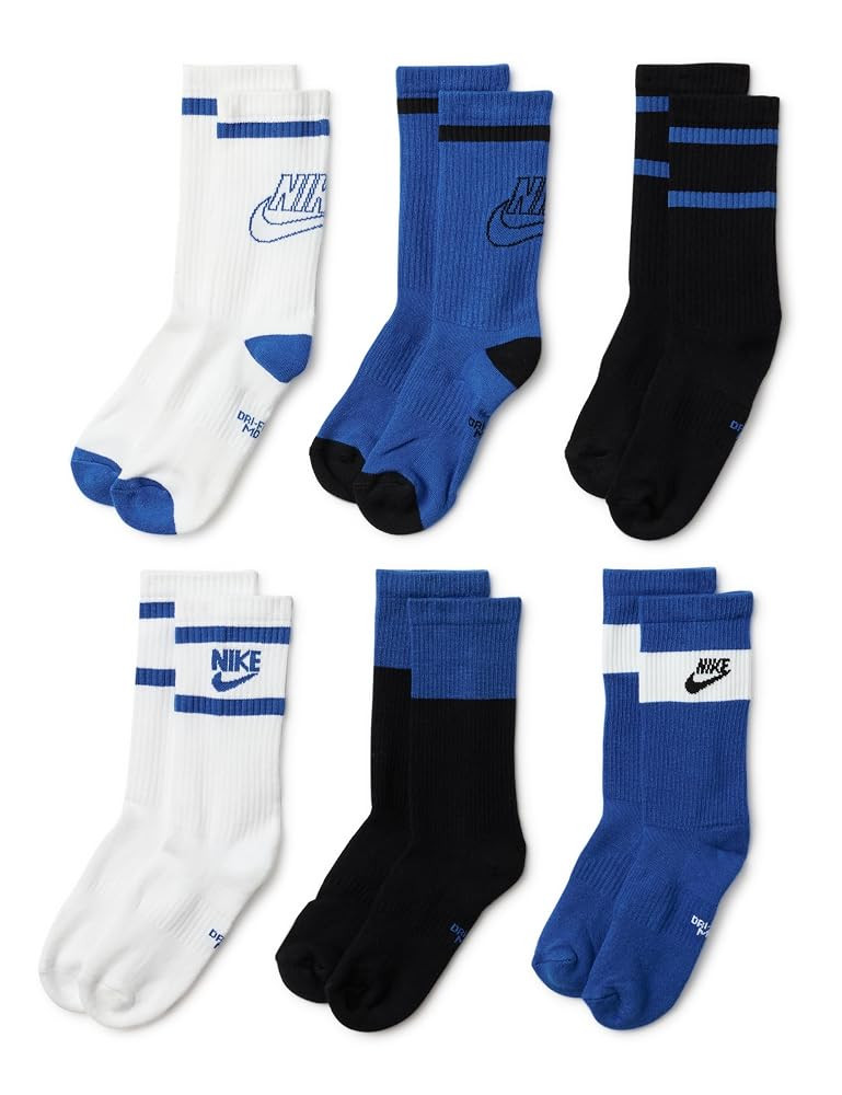 Amazon.com: Nike Unisex Kids Everyday Cushioned Crew Socks (6 Pairs), White/Black/Game Royal, Med... | Amazon (US)