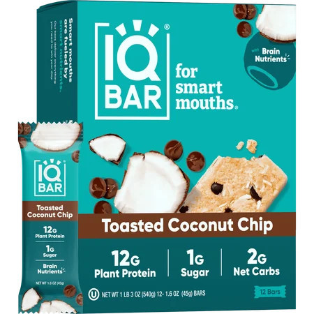 IQBAR Clean Plant Protein Bars - Toasted Coconut Chip - 12 Count - Keto, Vegan, High Fiber, Gluten and Dairy Free, Low Sugar Snack | Walmart (US)