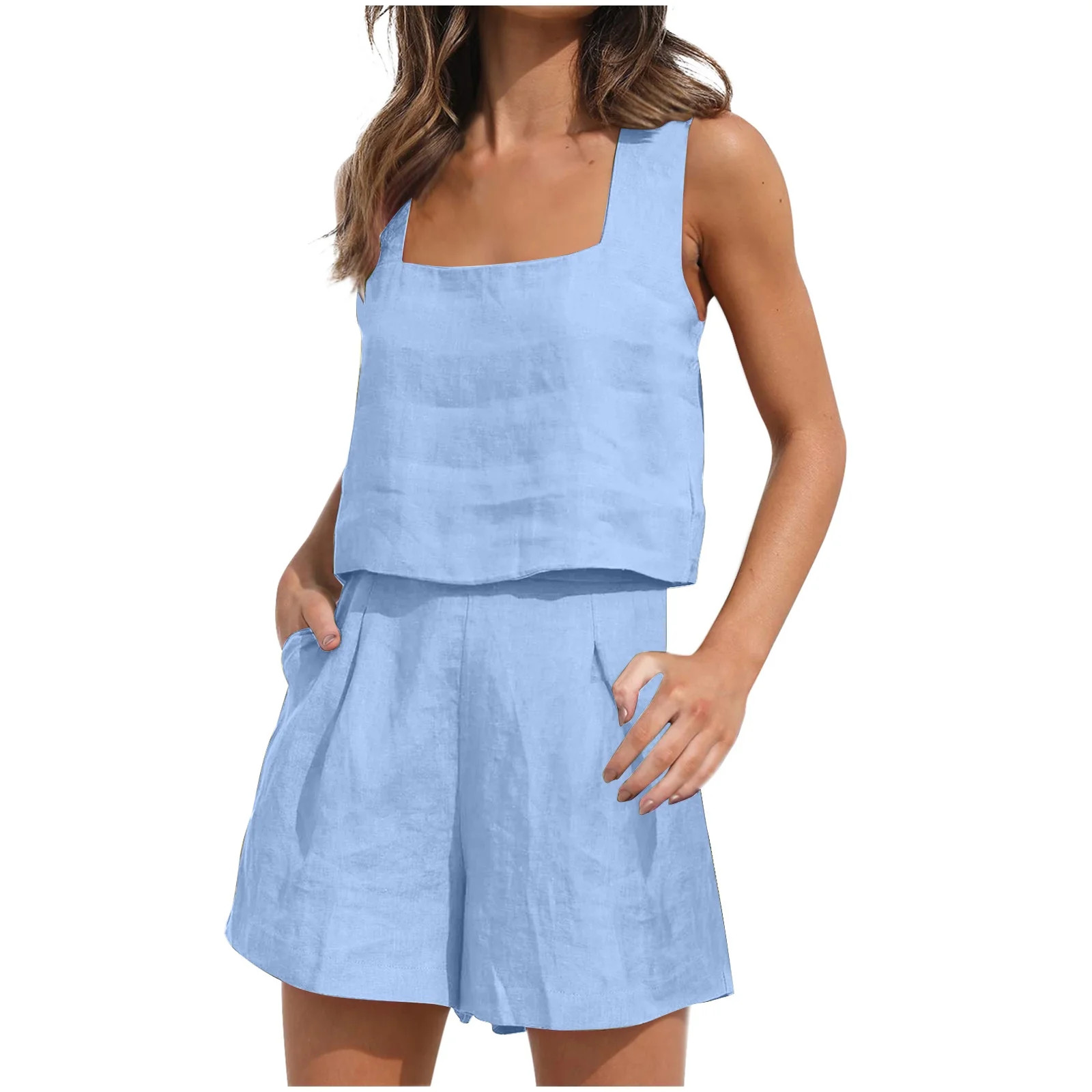 2023 Womens 2 Piece Outfits Square Neck Linen Crop Tank Top Short Set Lounge Matching Sets Summer... | Walmart (US)