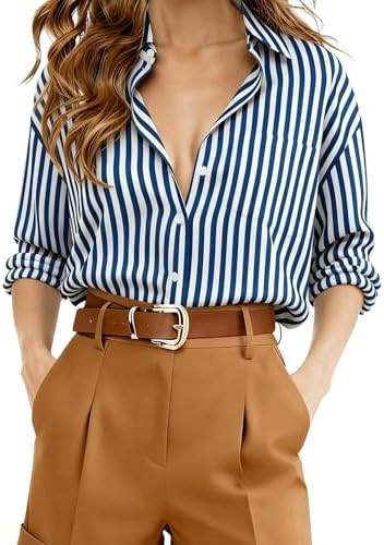 Button Down Shirts for Women Striped Long Sleeve Wrinkle Free Dressy Blouses Super Soft Collared ... | Amazon (US)