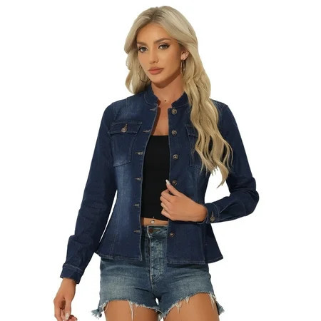 DARING DIVA Women s Classic Stand Collar Denim Jacket XL Dark Blue | Walmart (US)