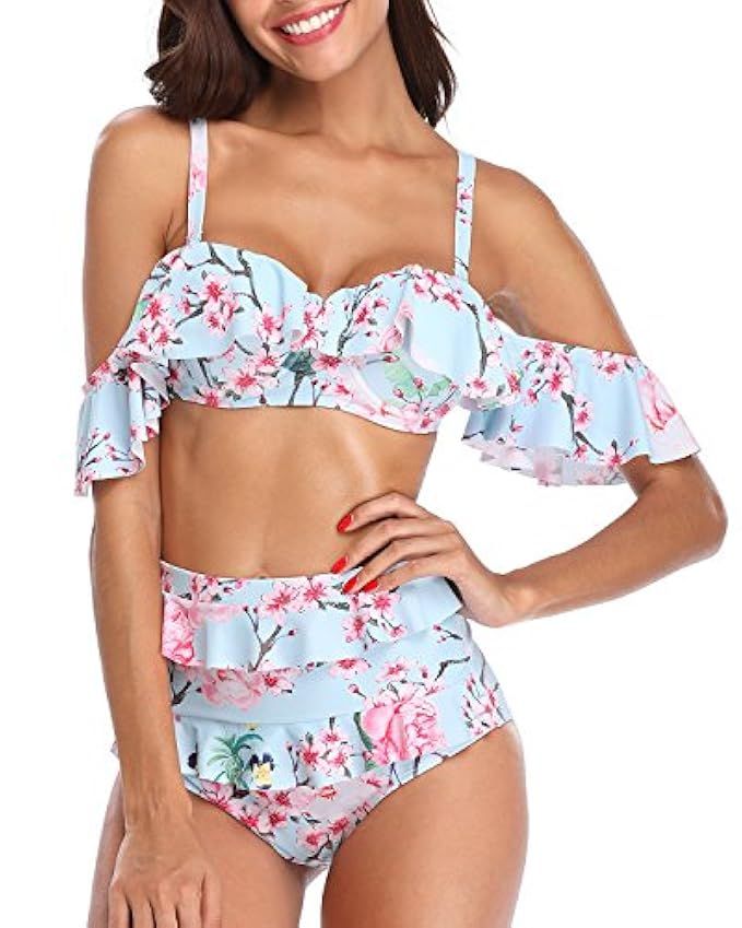 Tempt Me Women 2 Piece Off Shoulder Underwire Bandeau Floral Printed Bikini Top with High Waisted Bo | Amazon (US)