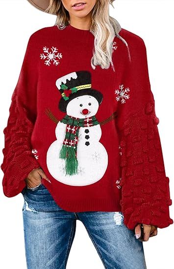Sovoyontee Women's Ugly Christmas Sweater Cute Oversized Pullover Sweaters, Red-Reindeer, S at Am... | Amazon (US)